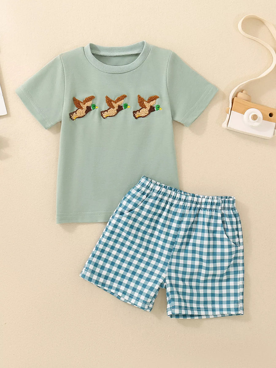 Duck-Embroidered Tee & Gingham Shorts Set