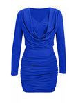 Blue ruched cowl-neck long-sleeve mini dress, front view