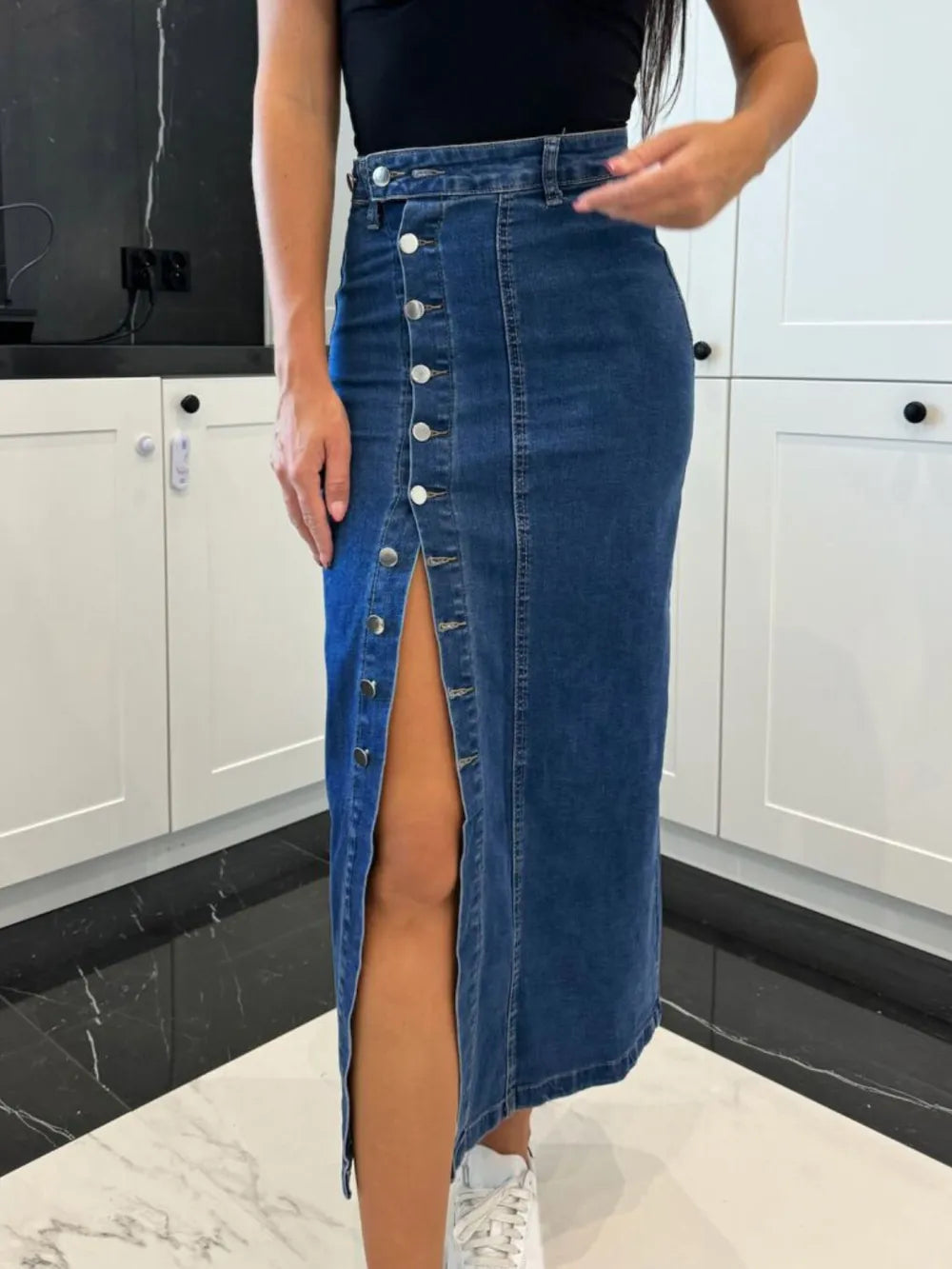 Women's Front-Button Slit Midi Denim Skirt