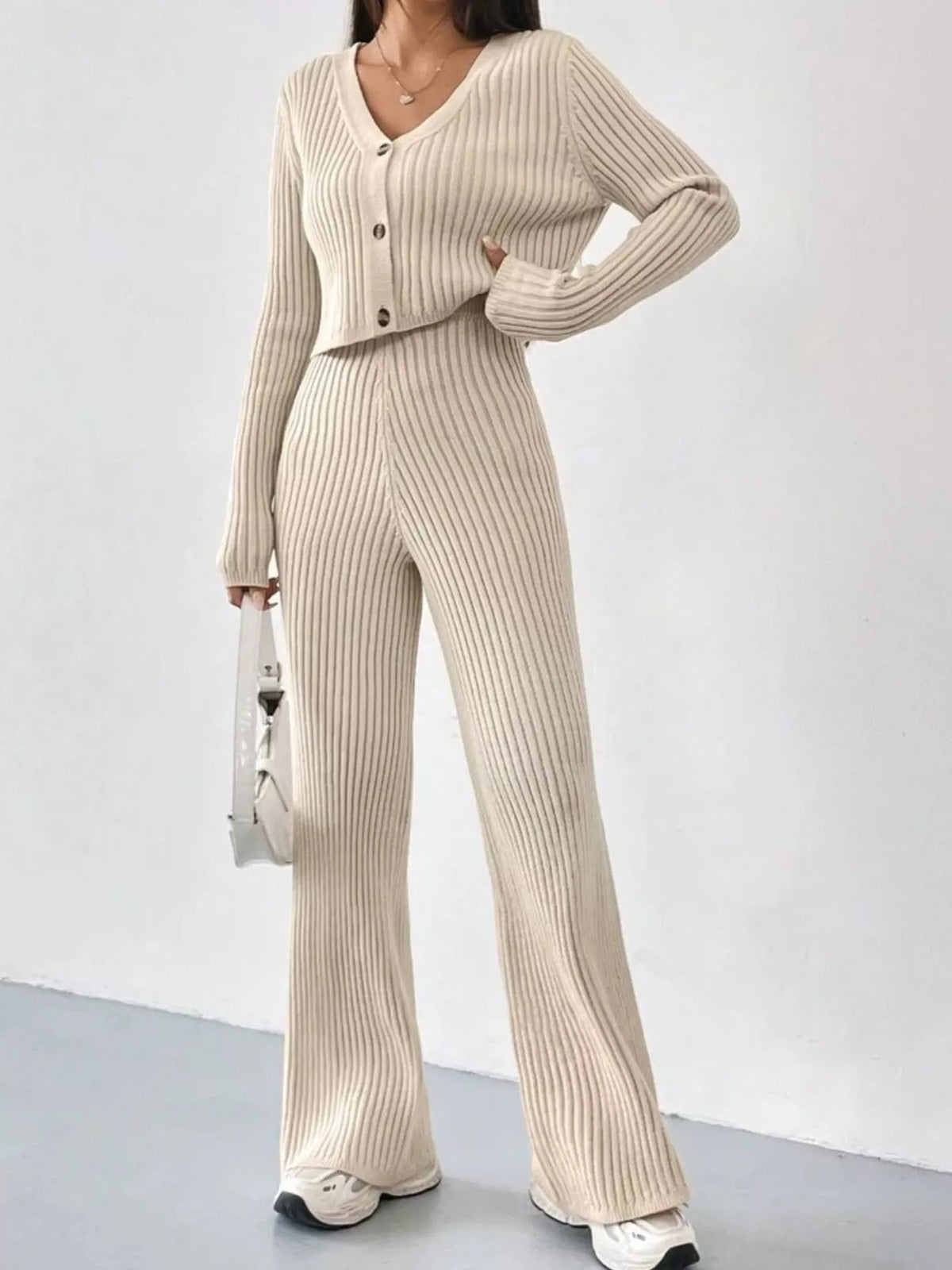 Ribbed-Knit Button-Up Top & Pants Set