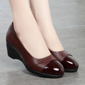 Women's Leather Wedge Comfort Shoes - Soft Pigskin Lined Mid Heel Slip-On Shoes