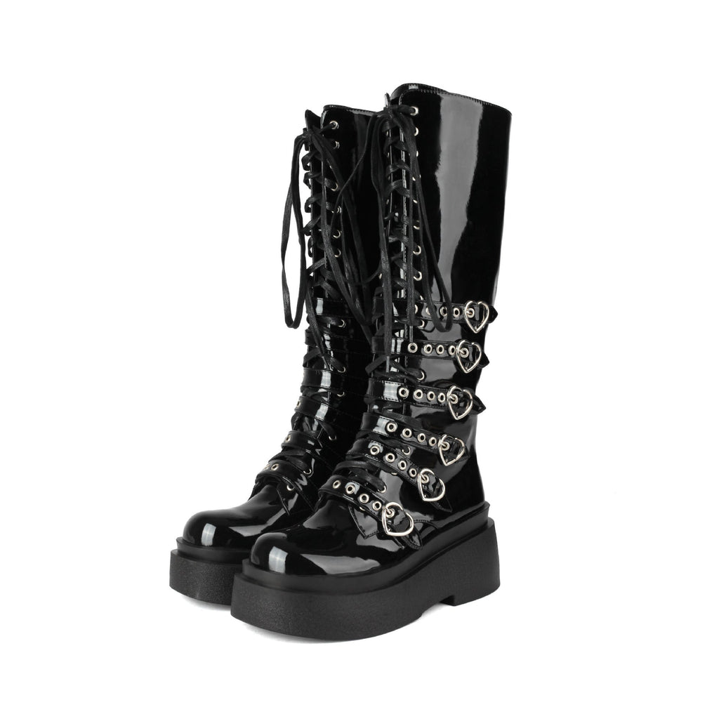 Women's Chunky-Soled Punk Over-the-Knee Boots with Cross-Tie Straps | Side Zipper | Sizes 34–44