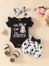 Clover Club Ruffled Cow Bodysuit and Shorts Set with Headband — product view 9