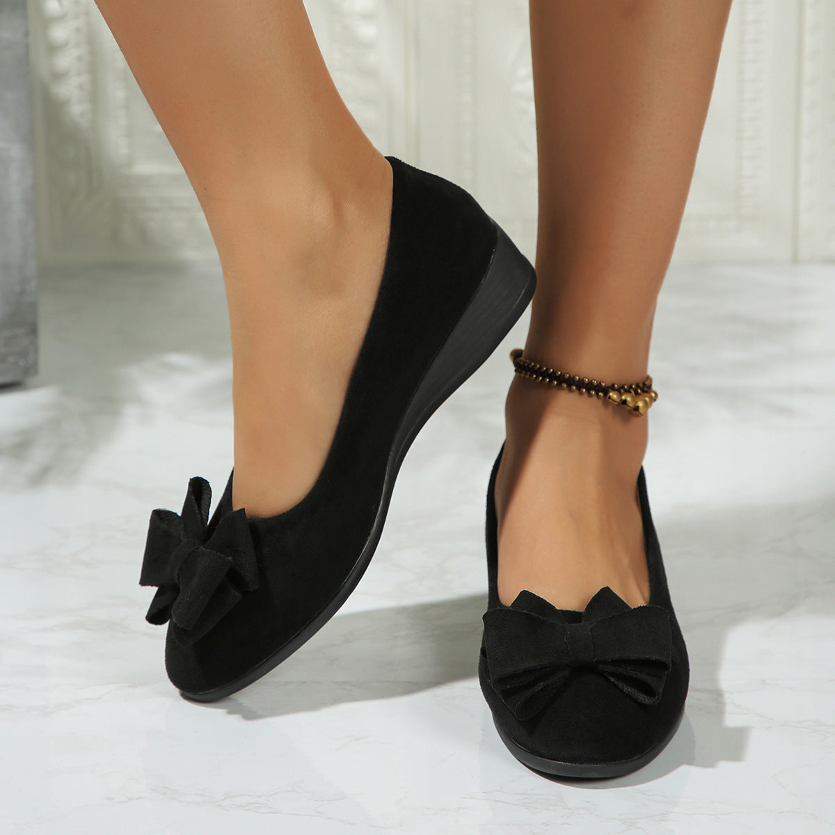 Women's Suede Bowtie Cross-Strap Slip-On Shoes | Low Wedge Heel | Elastic Band Comfort Fit