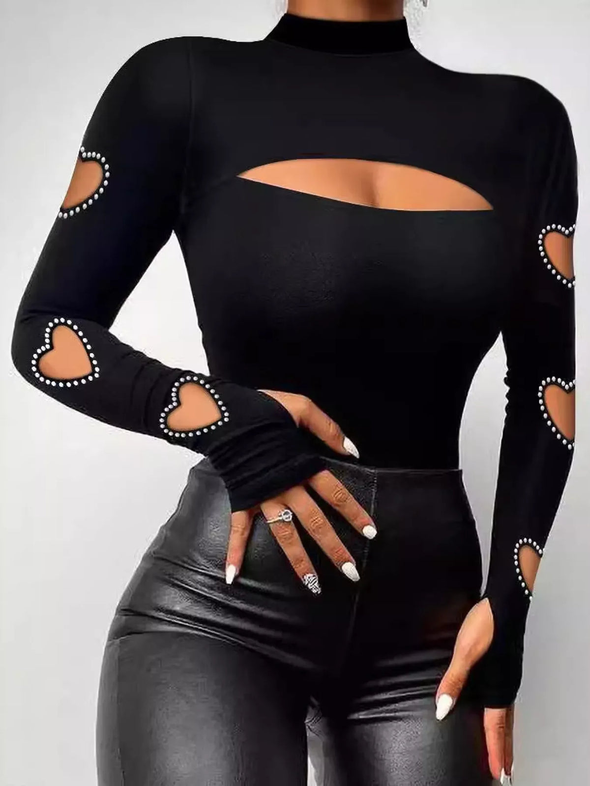 Rhinestone Heart Cutout Mock-Neck Long-Sleeve Top — photo 1