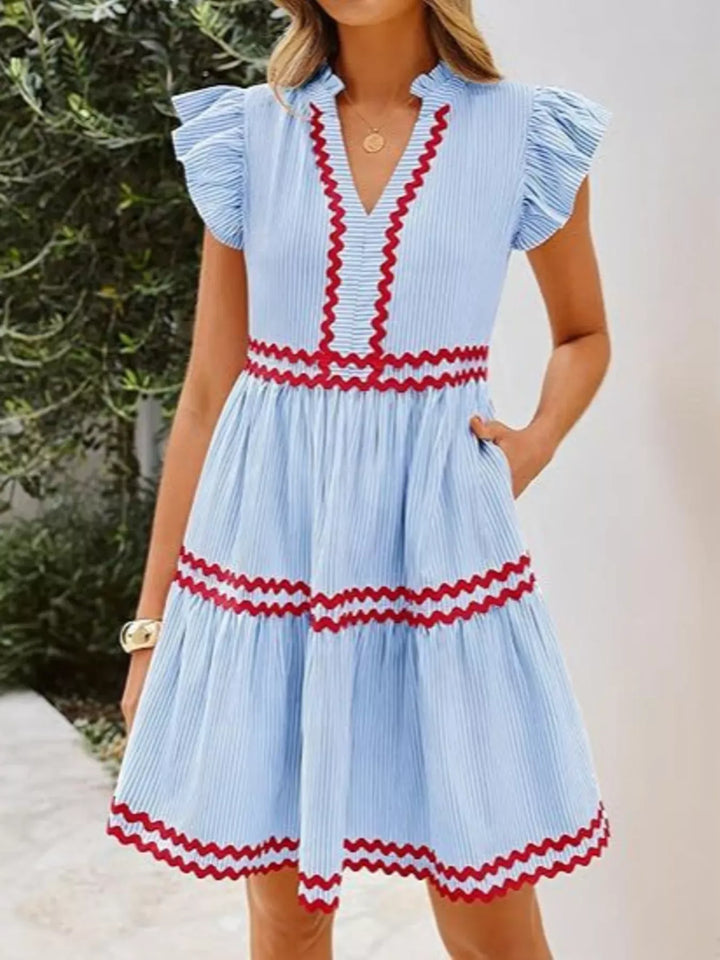 Striped Ruffle Sleeve Tiered Dress