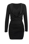 Black ruched cowl-neck long-sleeve mini dress, front view