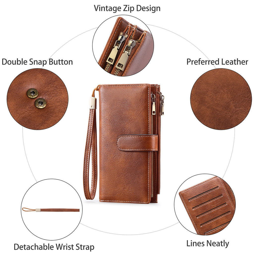 Women's Vintage Tri-Fold Wallet with RFID Protection - Oil Wax Leather Long Purse