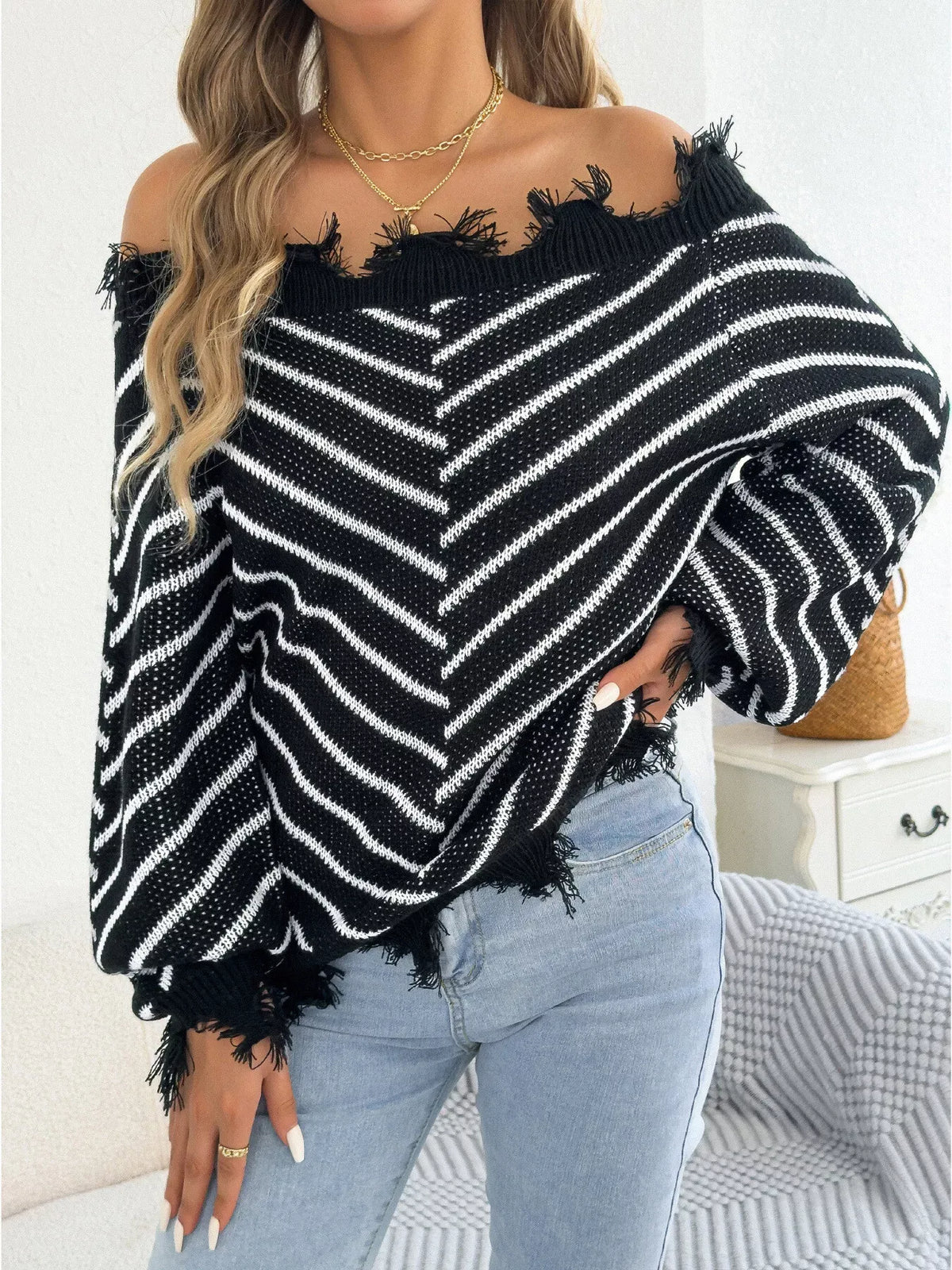 Women's Distressed Off-Shoulder Striped Sweater — photo 3