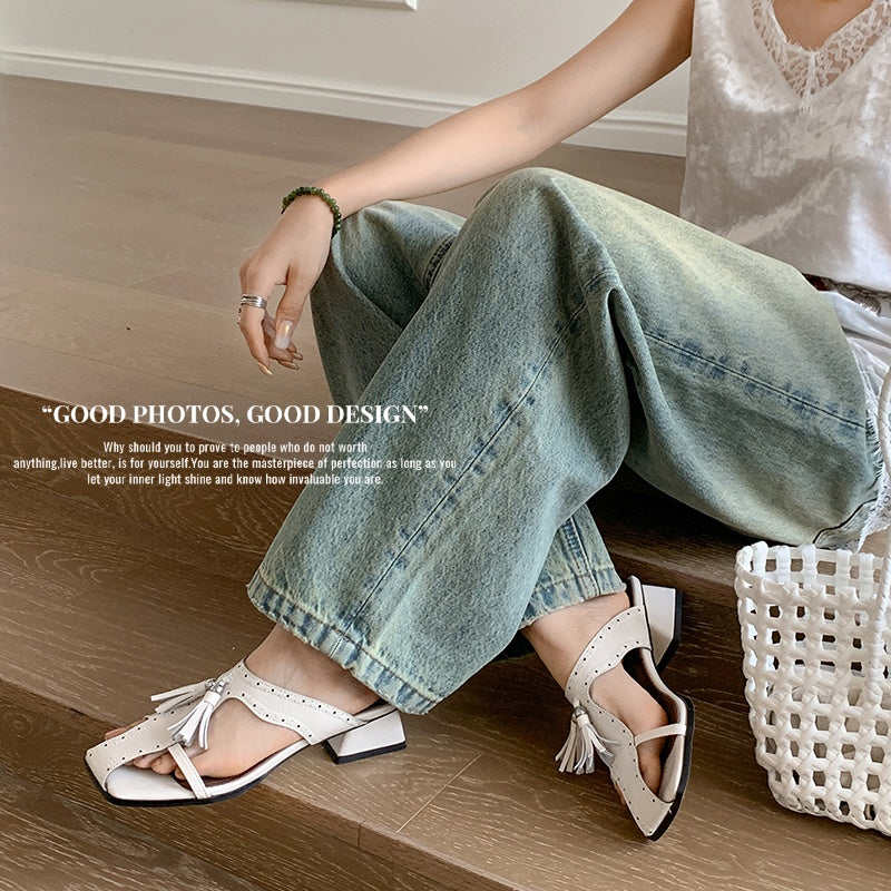 Women's Tassel Slide Sandals | Square Toe Block Heel Cowhide Mules