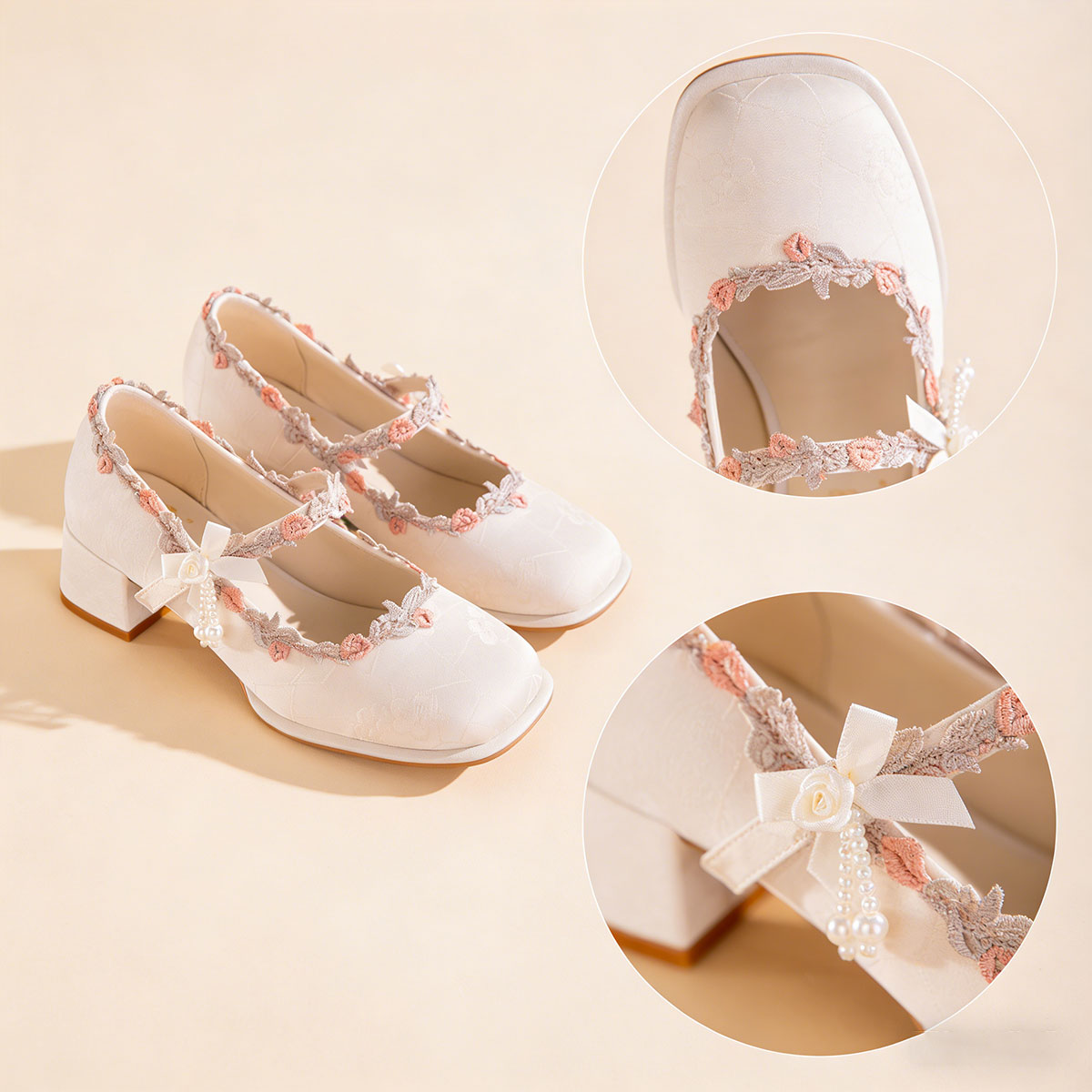 Women's Oriental Jacquard Satin Mary Jane Heels | Embroidered Lace Pearl Square Toe