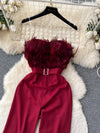 Feather-trim strapless belted wide-leg jumpsuit