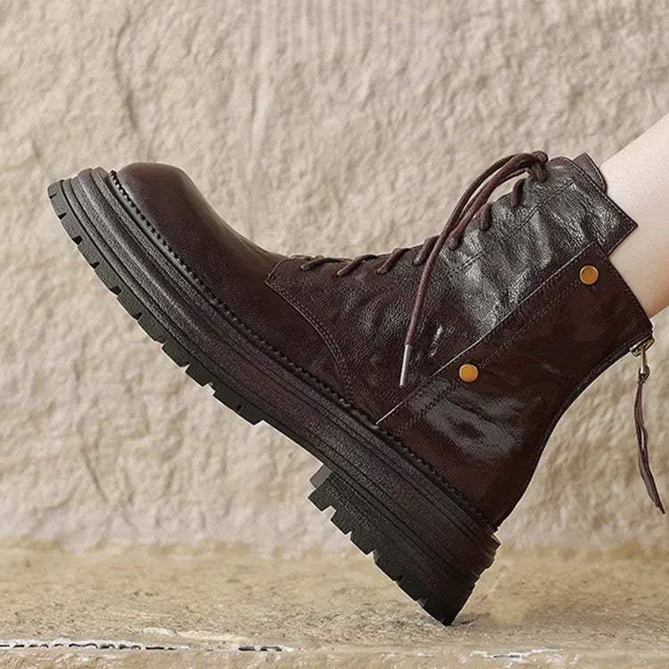 Women's Chunky Sole Lace-Up Ankle Boots - Warm Winter Faux Leather Boots with Tassel Detail
