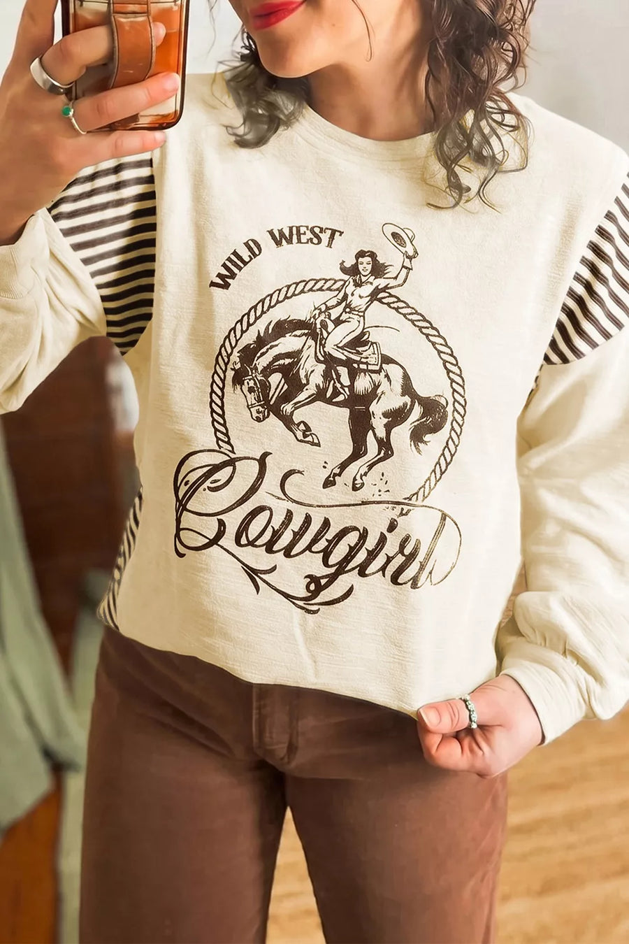 Western Graphic Striped Detail Long-Sleeve Casual Top