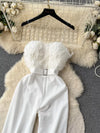 Feather-trim strapless belted wide-leg jumpsuit