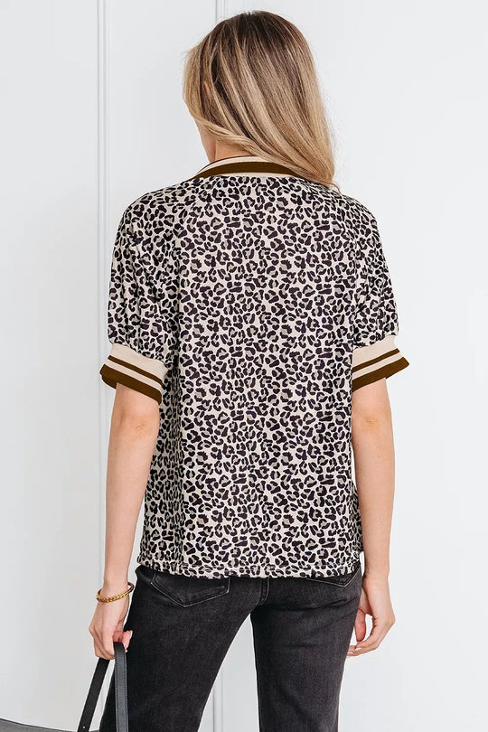 Another view: Gingham Stripe Patchwork Half-Zip Blouse — Coffee Brown