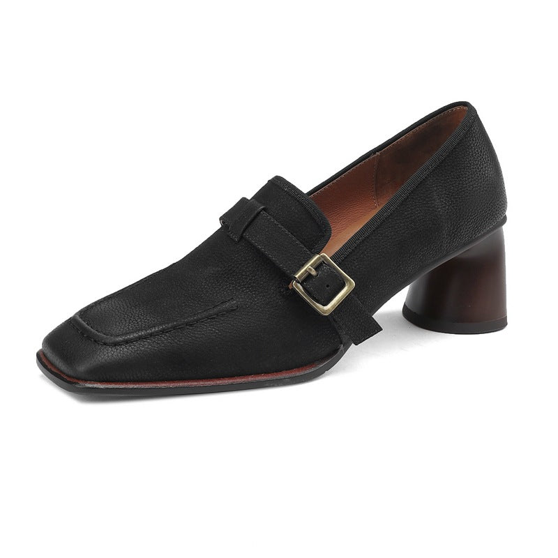 Women's Retro Chunky Heel Leather Shoes | British Style Round Toe Mid Heel Wool Leather Flats