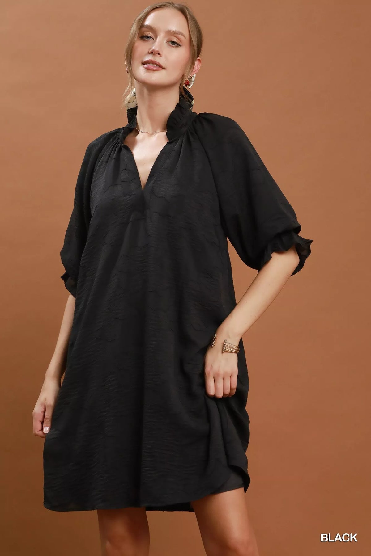 Umgee Floral Textured Jacquard V-Neck Dress — Black