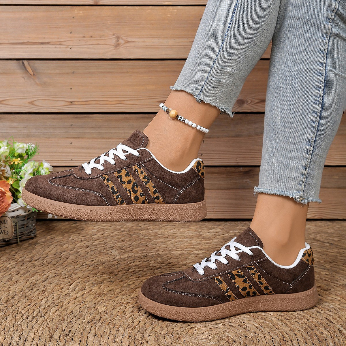 Women's Leopard Print Lace-Up Casual Shoes - Round Toe Color Block Sneakers