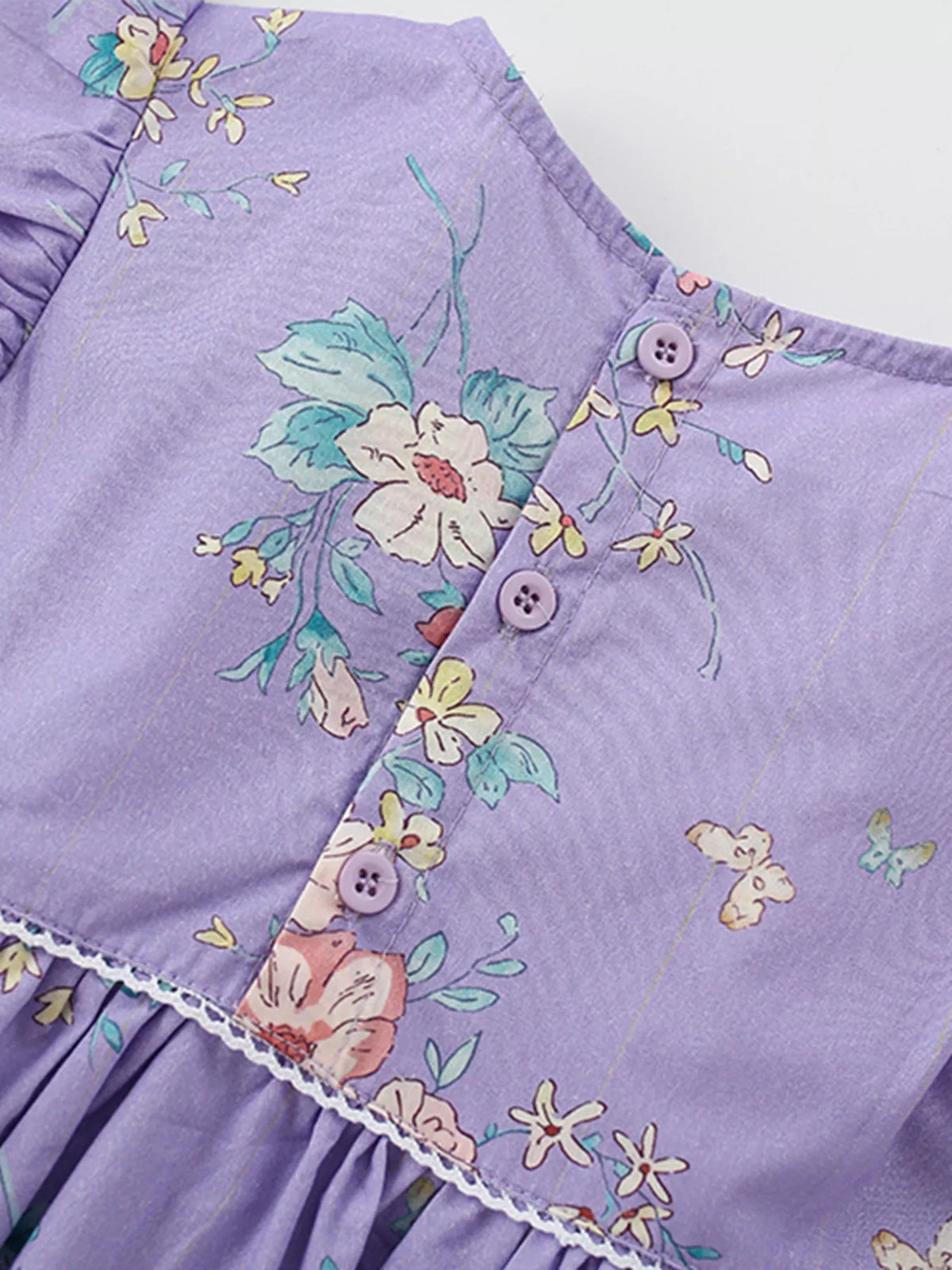 Children’s Lavender Floral Ruffle-Sleeve Cotton Dress