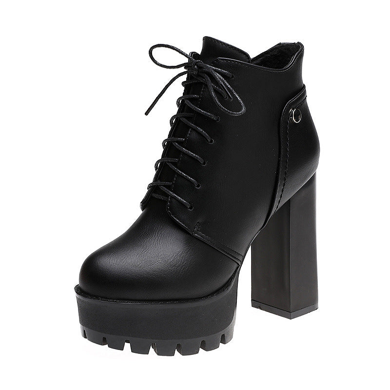 Chunky Heel Platform Boots for Women - Mid-Calf Pointed Toe Boots with Side Zipper