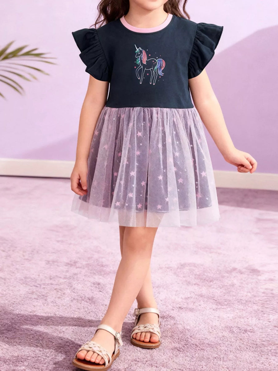 Girls' Unicorn Ruffle-Sleeve Tulle Dress – Lilac
