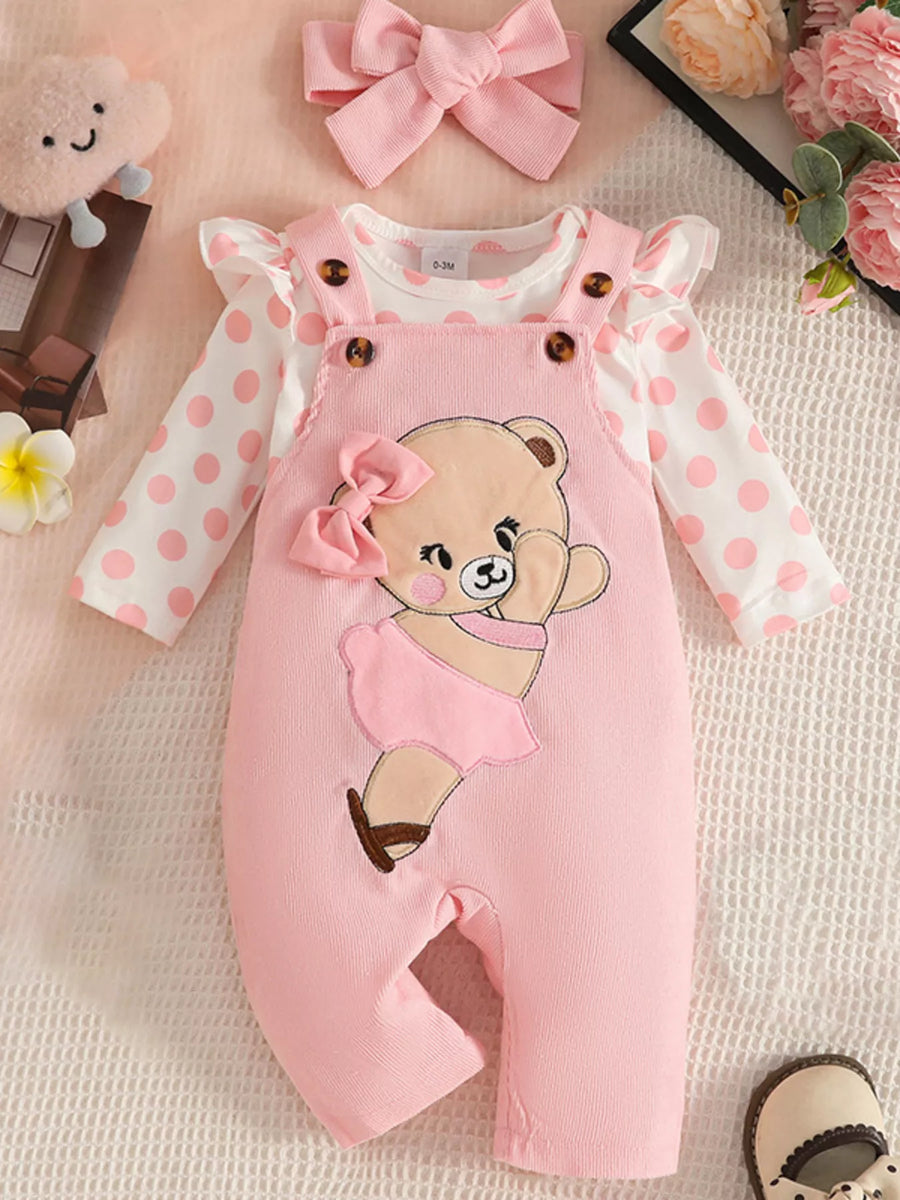 Bluebird Lane Polka Dot Bodysuit and Overalls Set with Headband