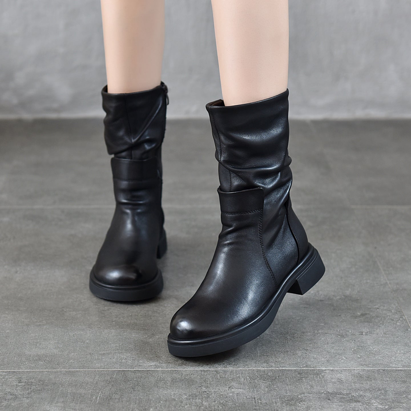 Women's Round Toe Genuine Leather Mid-Calf Boots | Chunky Heel Side Zipper