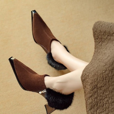 Women's Retro Pointed-Toe Chunky Heel Suede Boots with Side Zipper | Black & Brown