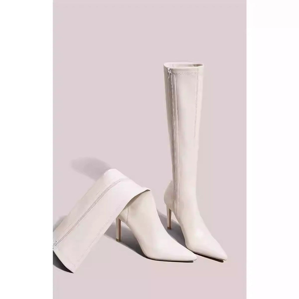 Women's Solid Color Stiletto Over-the-Knee Boots – Pointed Toe Side Zip