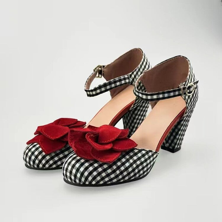 Women's Red Camellia Lattice Hollow Sandals - Round Toe Single Strap Buckle Heels