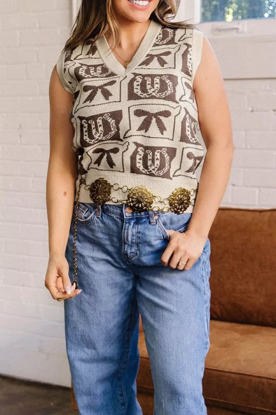 Another view: Western Horseshoe Bow Pattern Button Front Sleeveless Knit Sweater
