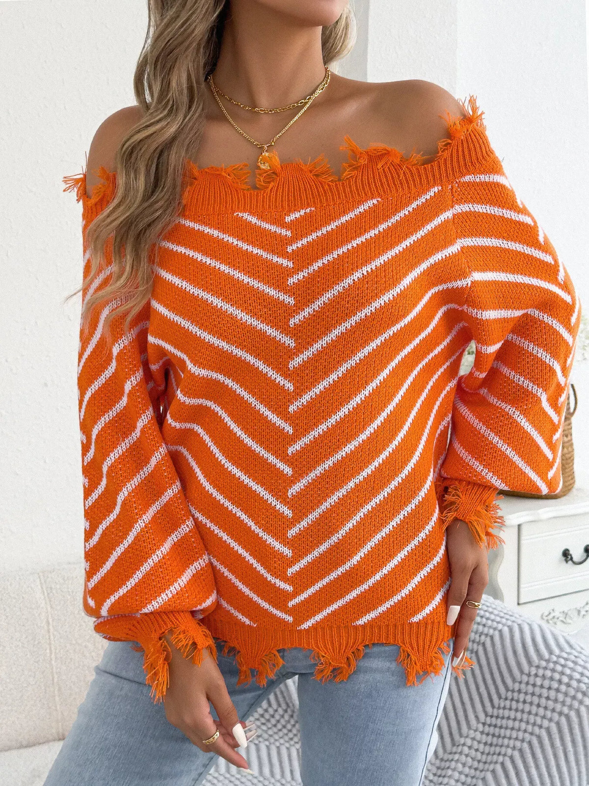 Women's Distressed Off-Shoulder Striped Sweater — photo 15