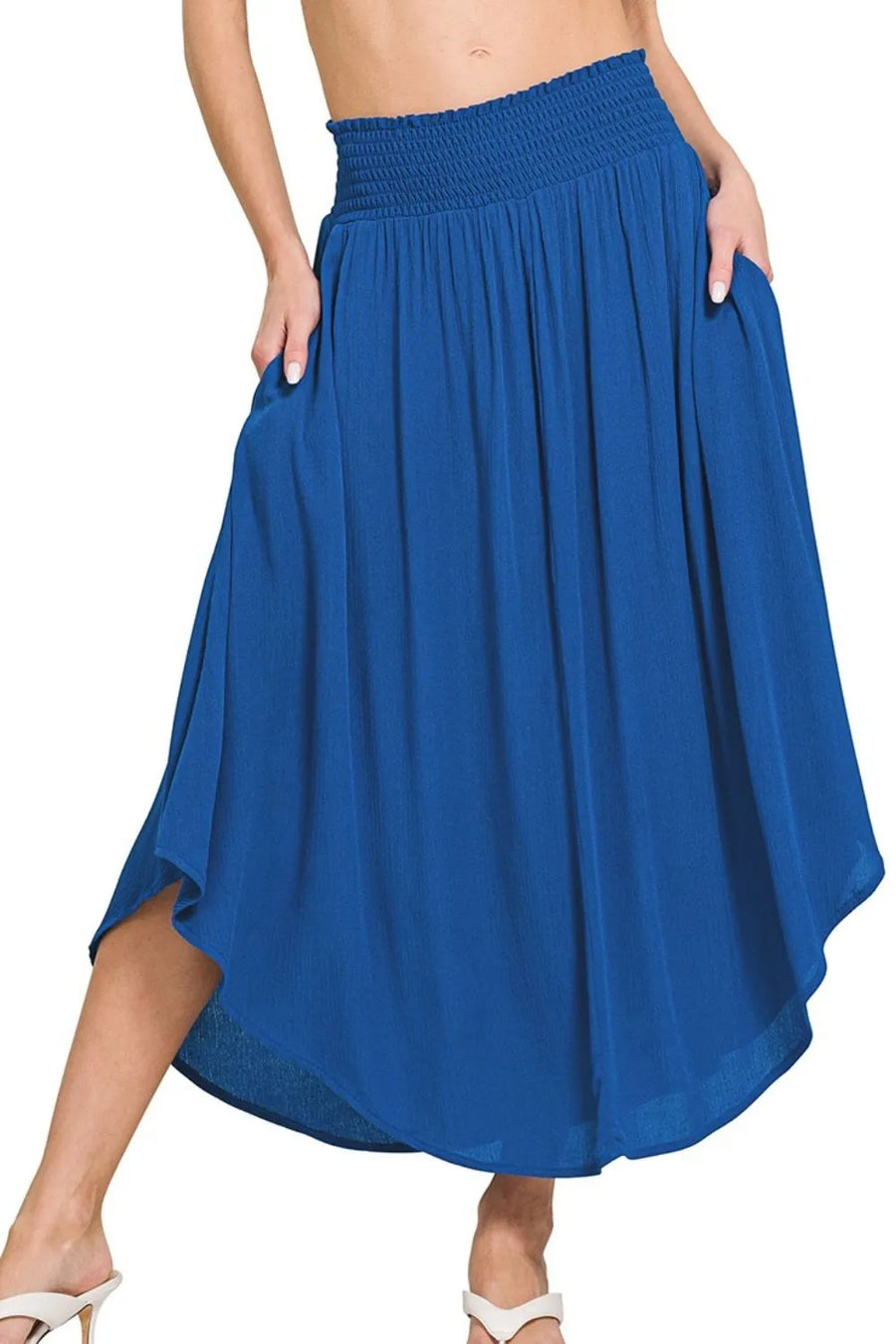 Woven Crinkle Smocked Waist Maxi Skirt with Pockets