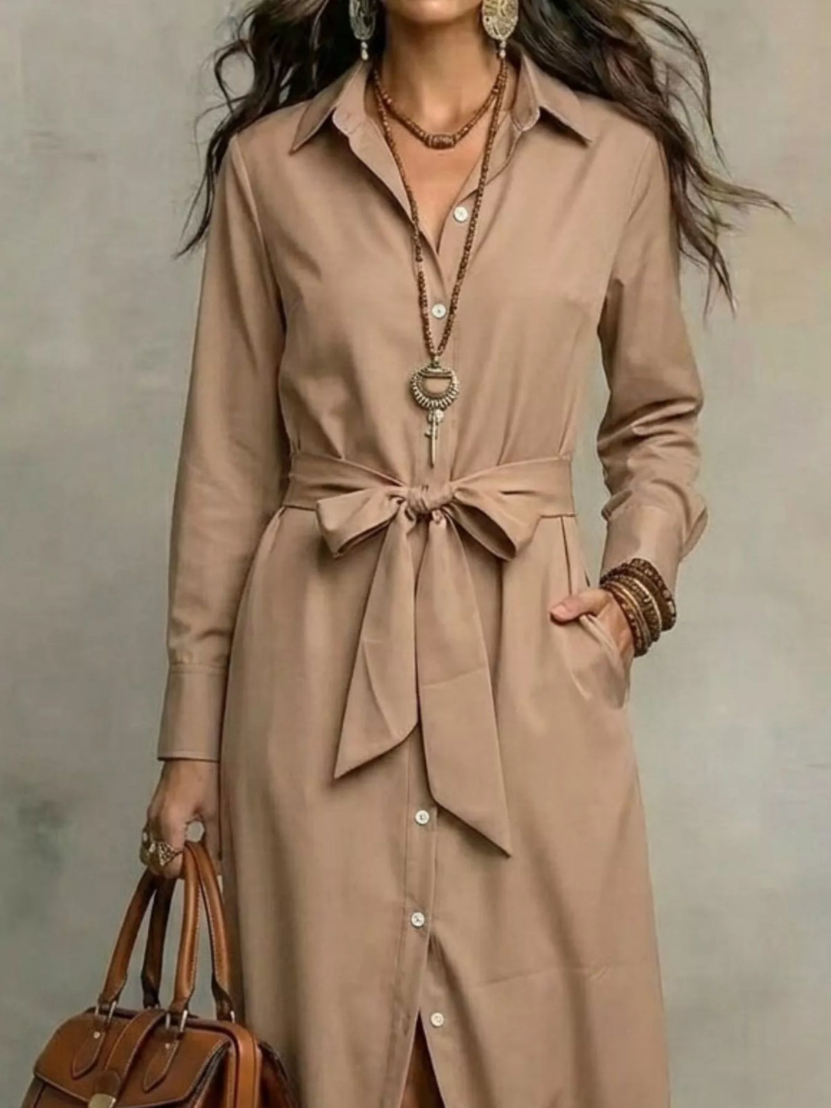Tie-Waist Long-Sleeve Shirt Dress