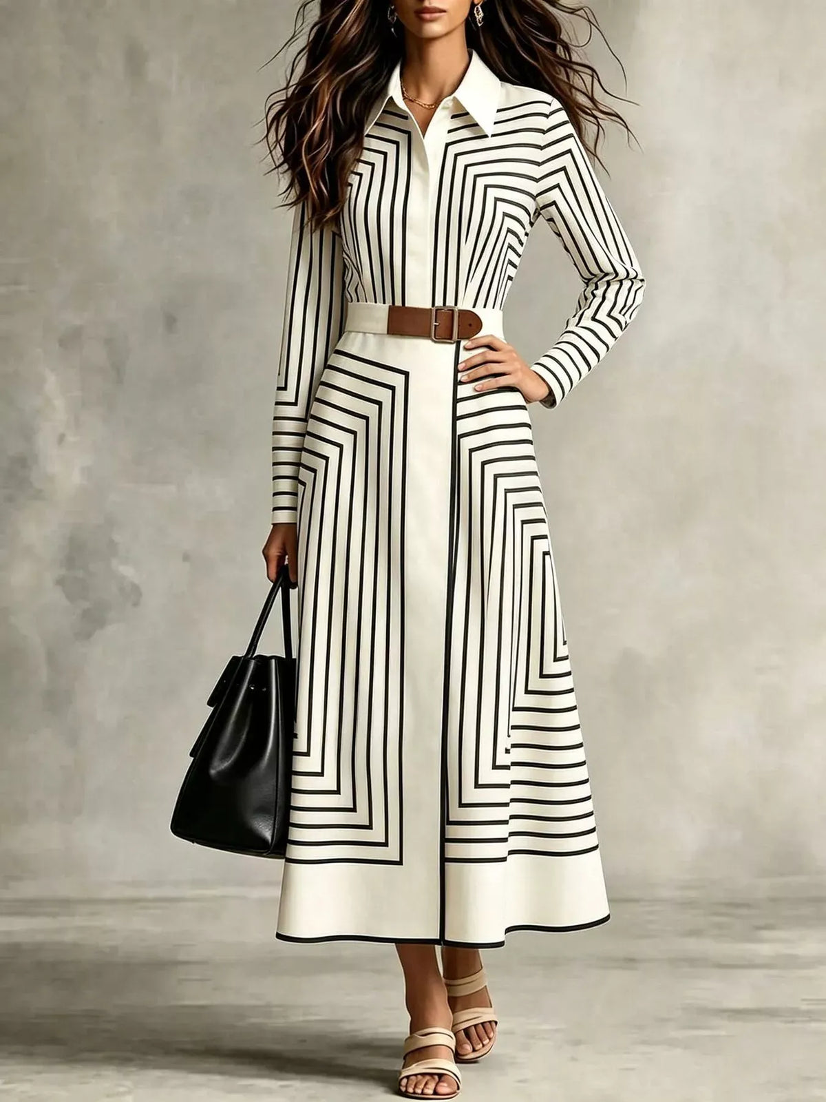 Geometric Stripe Belted Midi Shirt Dress — photo 5