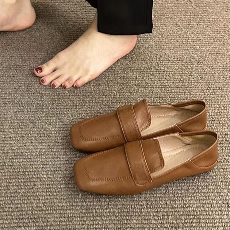 Women's French-Style Retro Square Toe Flat Casual Shoes - Slip-On Comfort Loafers