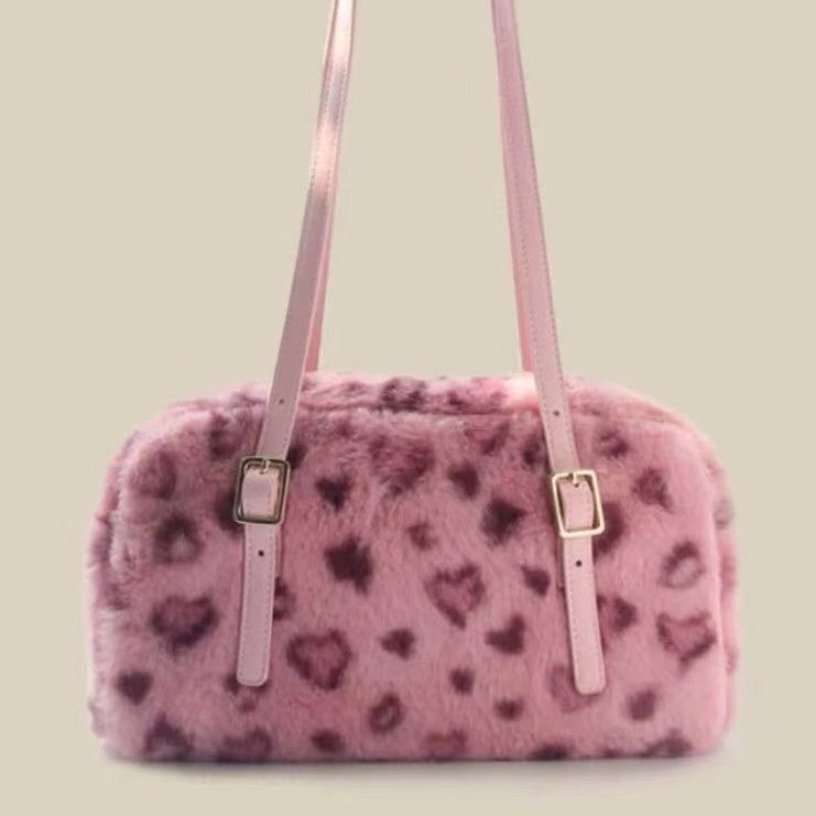 Women's Furry Velvet Shoulder Tote Bag - Plush Leopard Print Handbag with Dual Straps