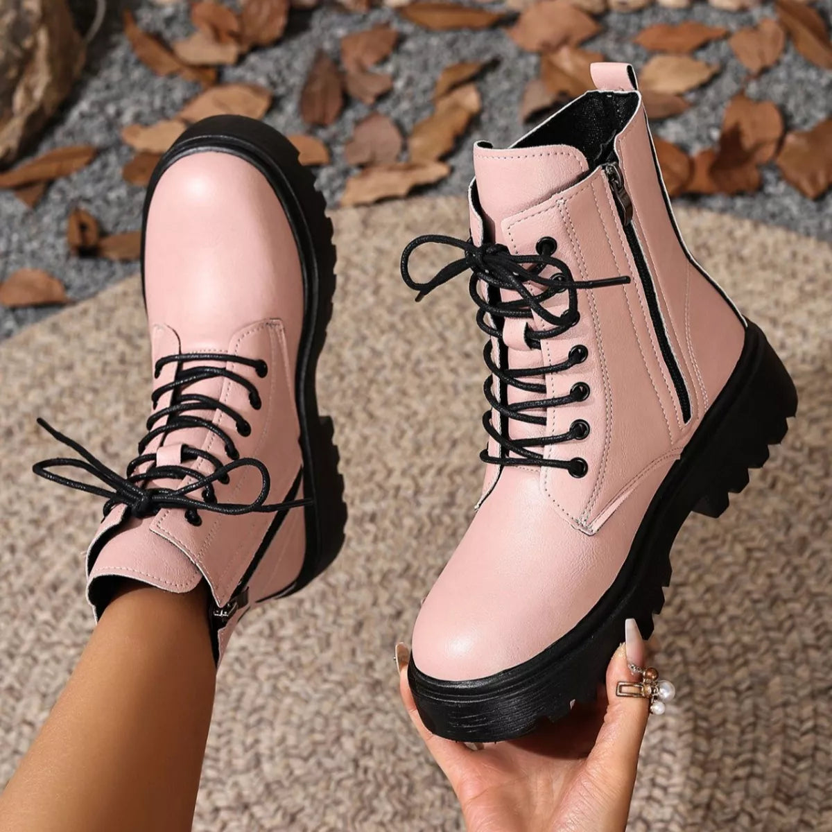 Women's Lace-Up Ankle Combat Boots | Low Heel PU Leather | Khaki Pink Brown