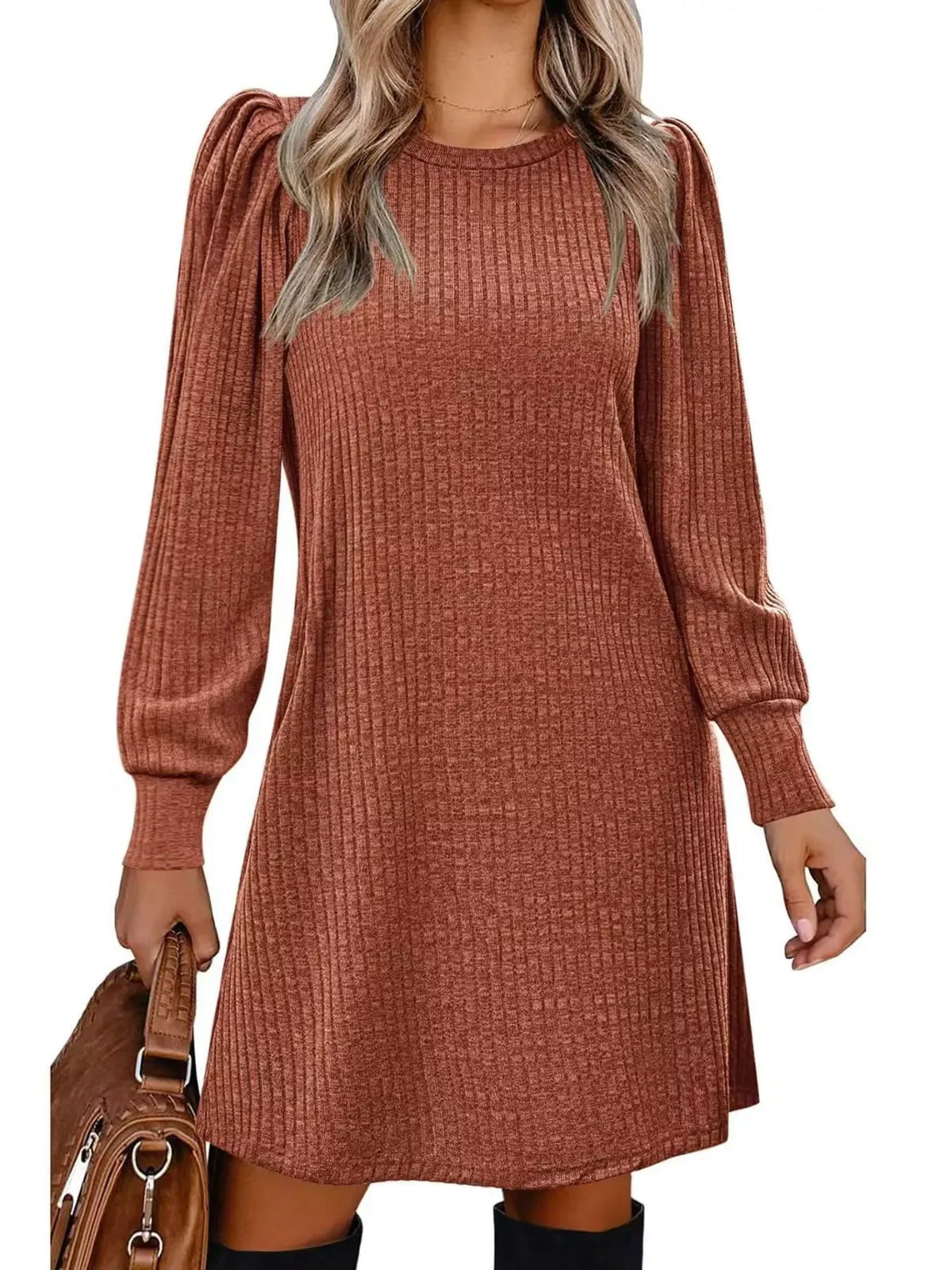 Puff-Sleeve Ribbed Knit Dress with Pockets — photo 4