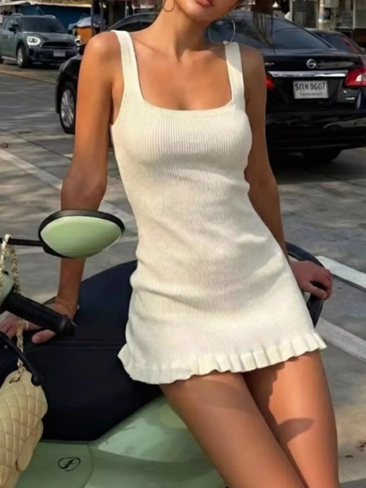Ribbed Square-Neck Knit Mini Dress