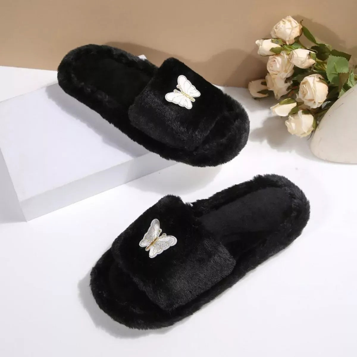 Butterfly Open-Toe Faux Fur Slippers — photo 5