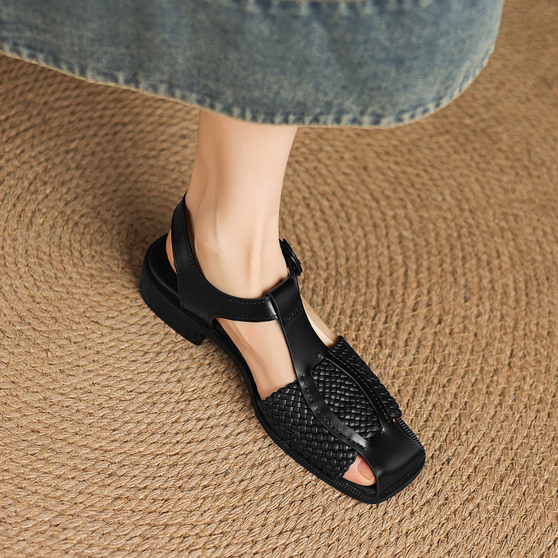 Women's Woven T-Strap Block Heel Sandals | Oiled Cowhide Square-Toe