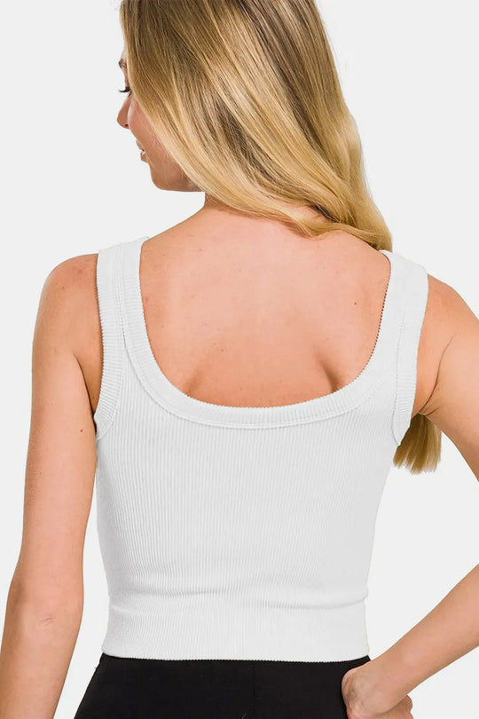 Another view: Ribbed Round Neck Cropped Tank — White