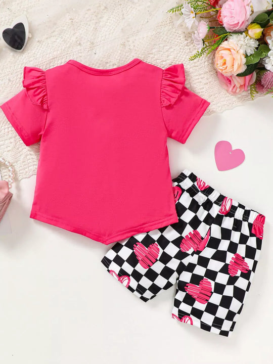 Another view: Ruffled T-Shirt & Checkerboard Shorts Set — Rose Red