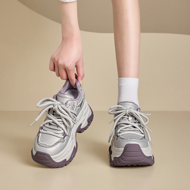 Women's Hidden Wedge Sneakers - Casual Lace-Up Leather Shoes