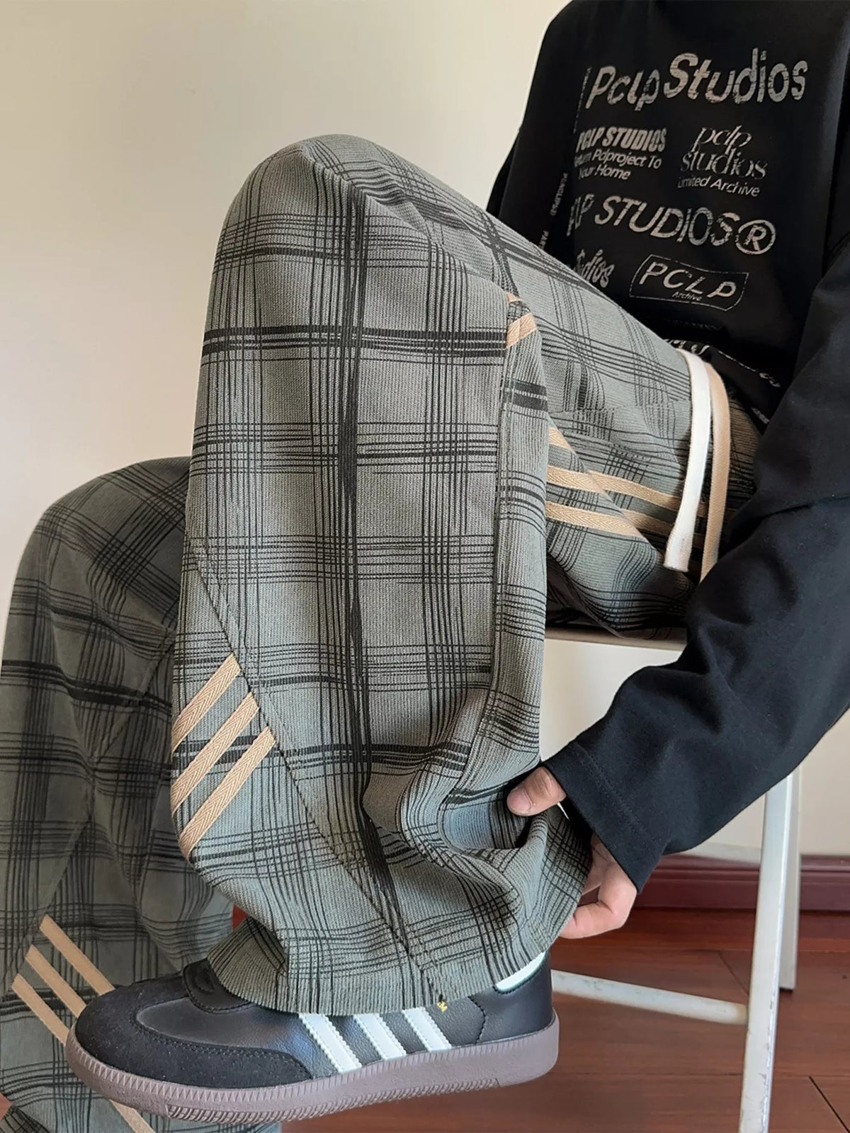 Men’s Plaid Wide-Leg Pants with Side Stripes