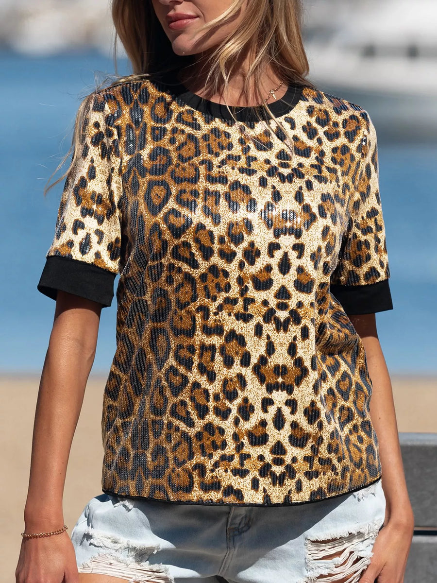 Sequin Leopard Pattern Short-Sleeve Top