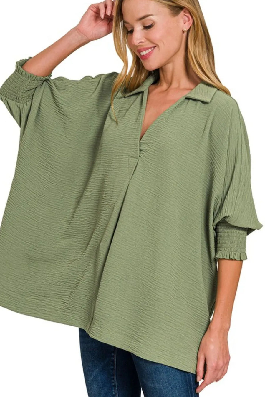 Airflow Collar Tee with Smocked Sleeve Band Top — LT OLIVE