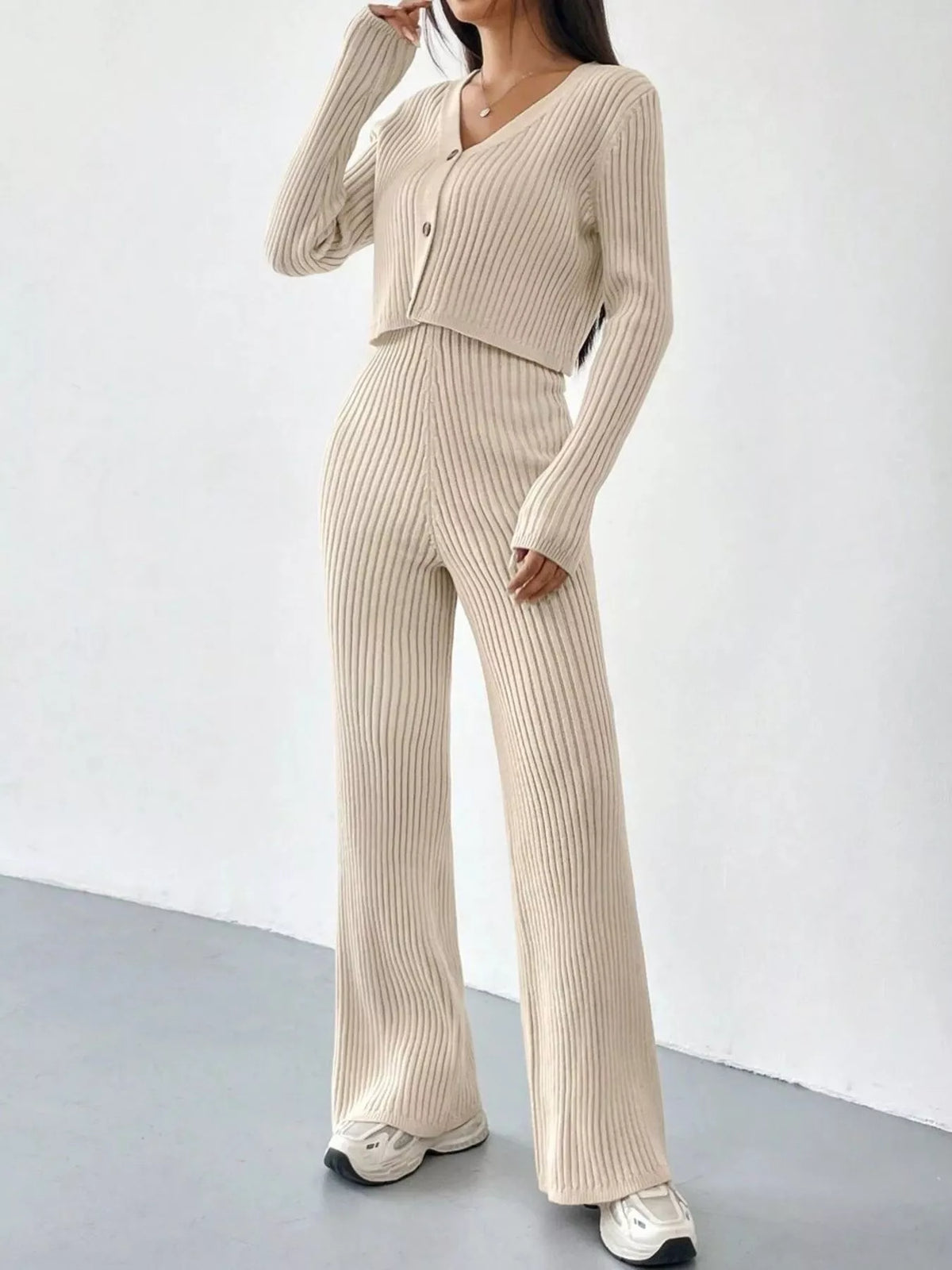 Ribbed-Knit Button-Up Top & Pants Set